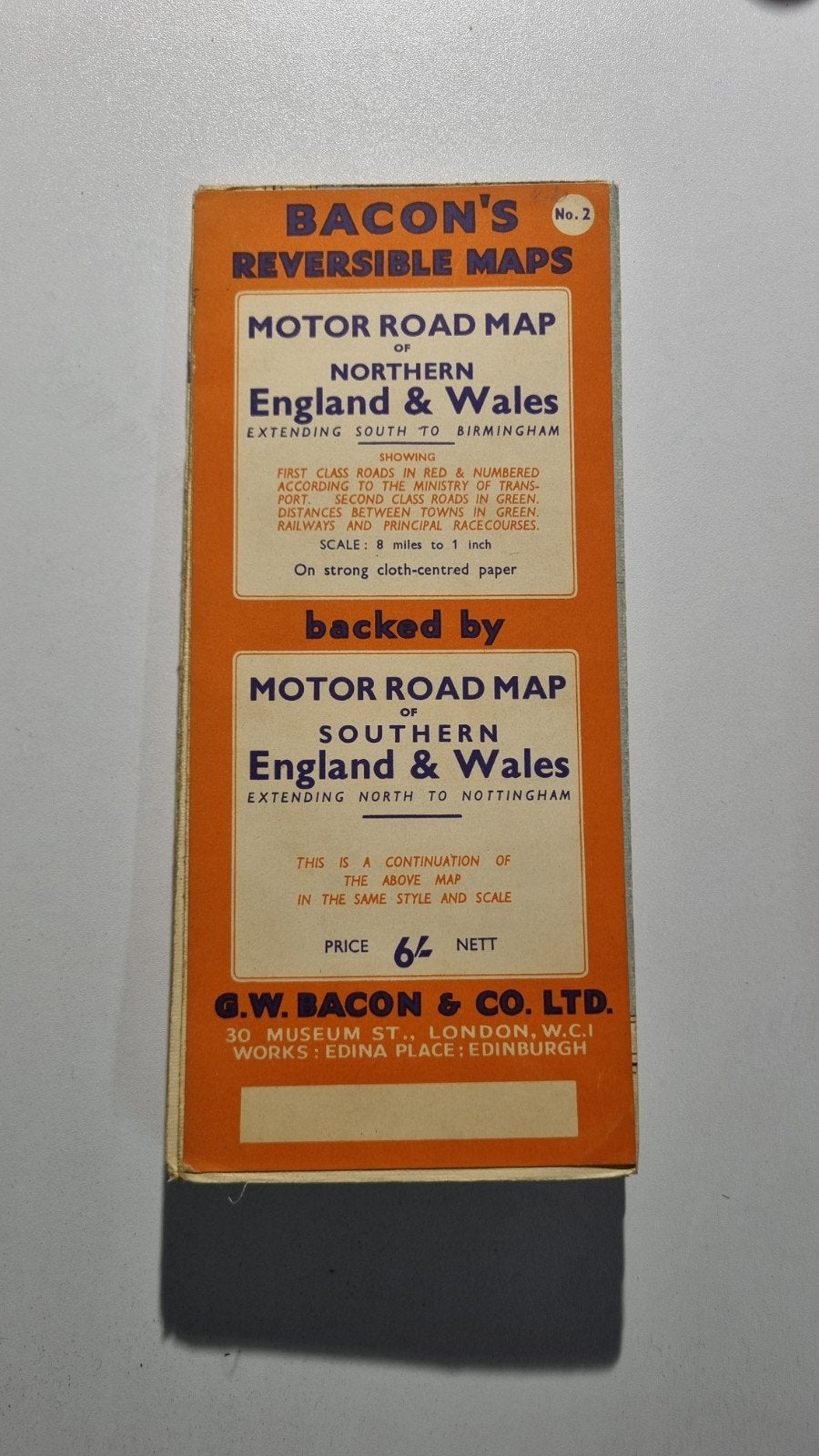 Bacon's Reversible Motor Road Map Engeland & Wales, Ophalen of Verzenden, Gelezen