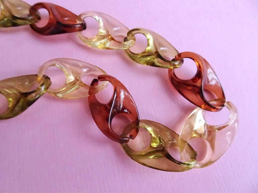 jwg Vintage 60s 70s amber bruin geel schakel ketting retro, Verzenden, Overige materialen, Ketting