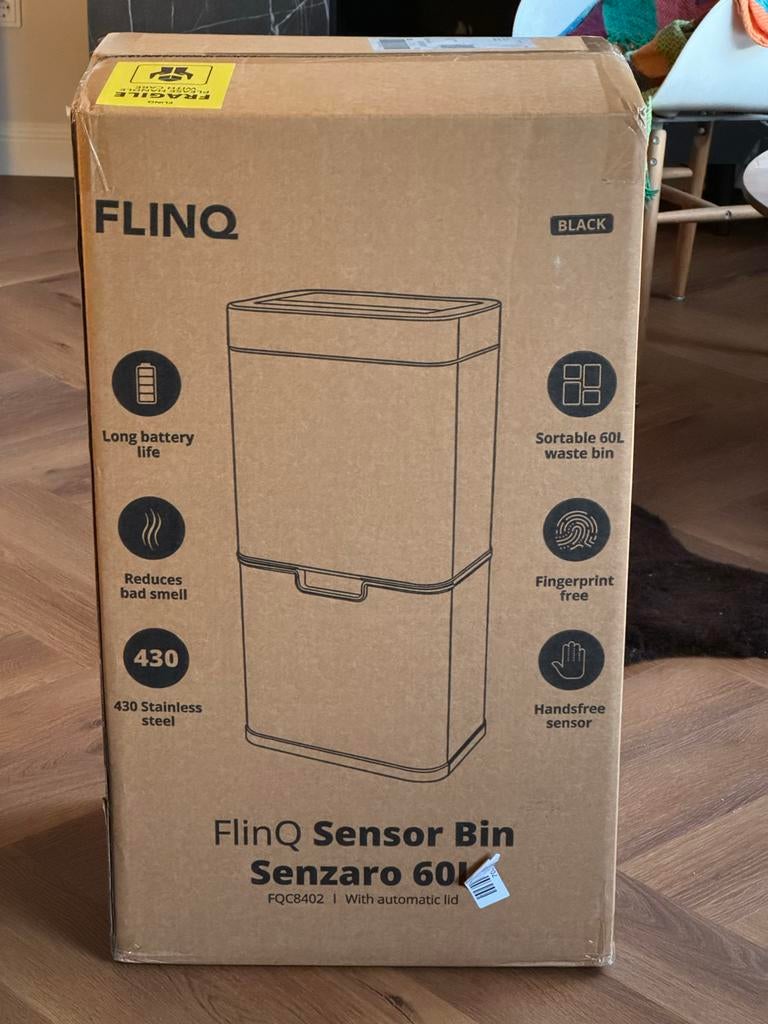 Nieuwe FlinQ Senzaro 60L Sensor Prullenbak - Zwart RVS, Nieuw, 40 liter of meer, Ophalen of Verzenden, Rvs