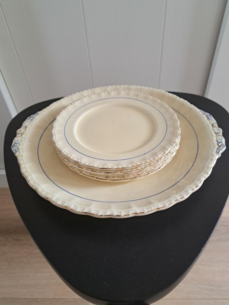 Gebakschaal met 5 gebaksbordjes, Antiek en Kunst, Antiek | Servies compleet, Ophalen of Verzenden