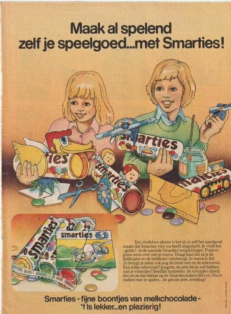 Retro reclame 1975 Smarties chocolade lekker speelgoed maken, Verzamelen, Verzenden, Overige typen