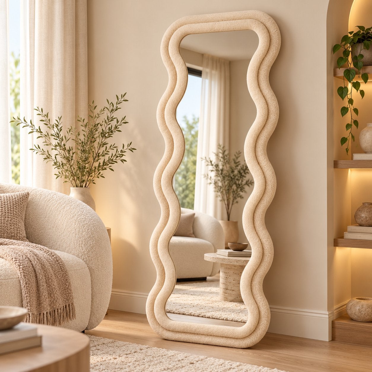 Beige Wave Spiegel 160x60 cm - Stijlvol & Warm Interieur, 7021br, Nieuw, Ophalen of Verzenden, Sera@live.nl