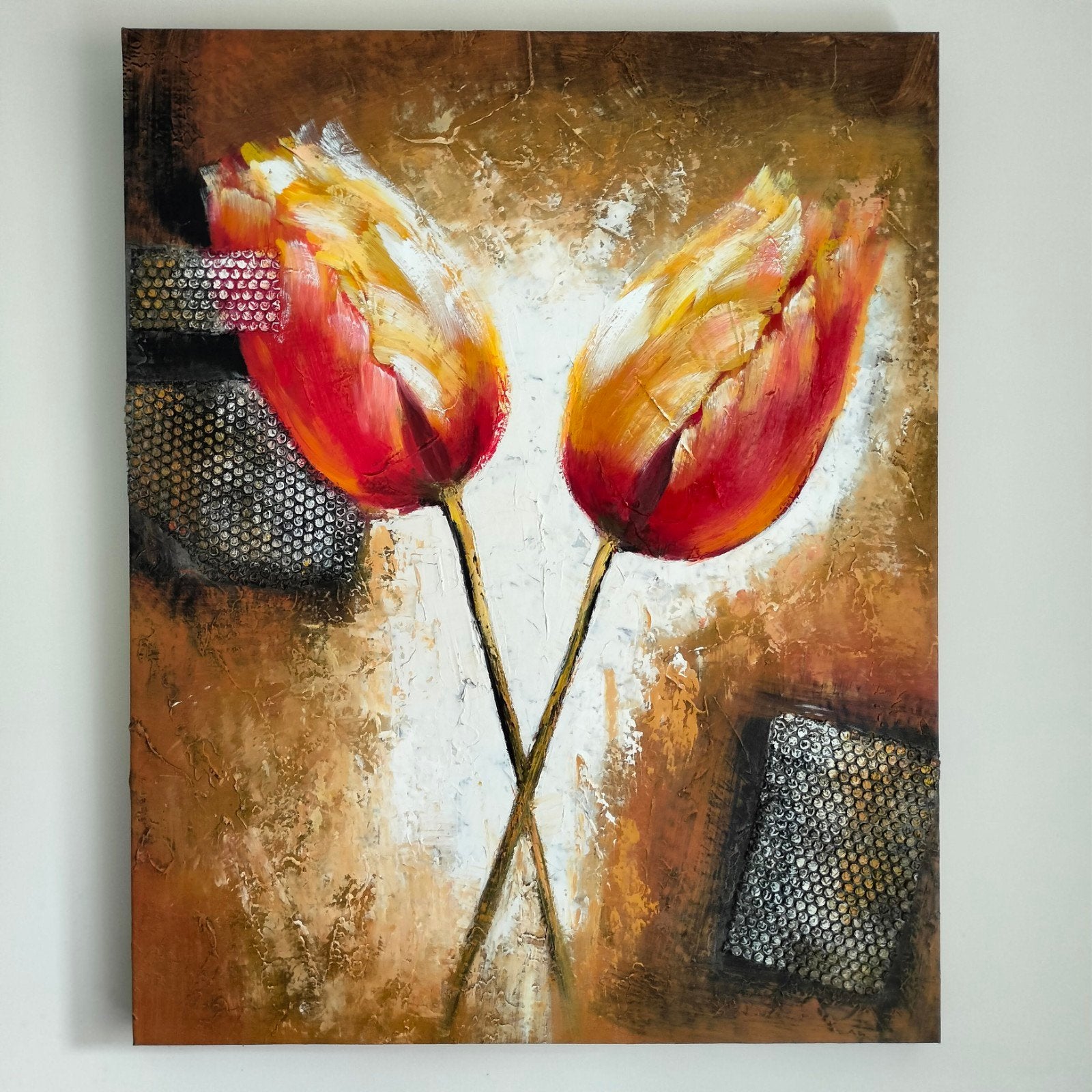 Schilderij met twee abstracte tulpen in warme kleuren, Olieverf, Origineel werk, Ophalen, Bloemen