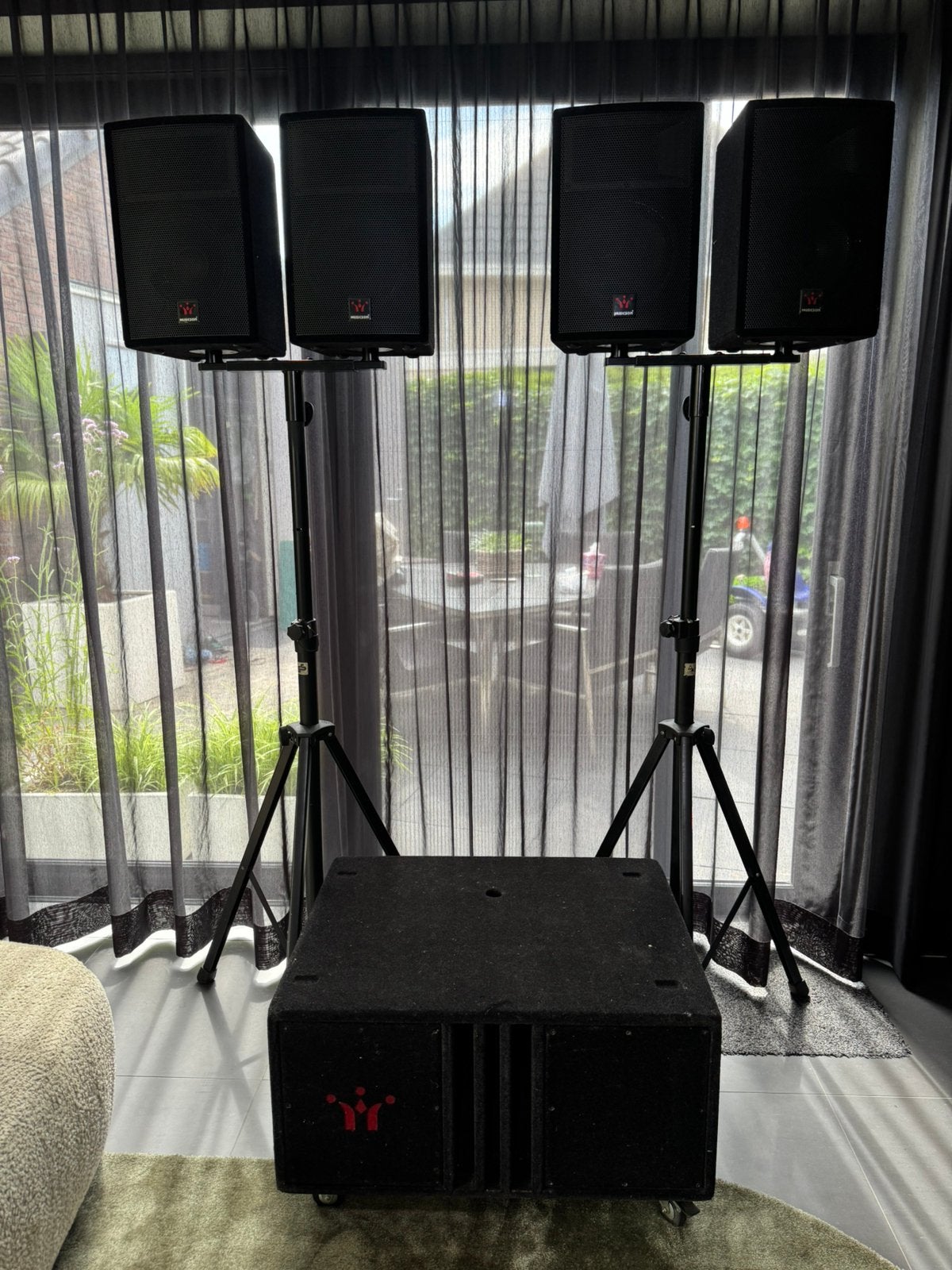 Musicson PA set - geluidsinstallatie actieve sub - 4 x top, Ophalen, Zo goed als nieuw, Subwoofer, Overige merken