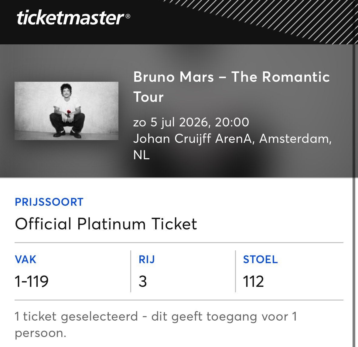 🎤 Bruno Mars – The Romantic Tour | Amsterdam | 5 July 2026, Tickets en Kaartjes, Eén persoon, Juli