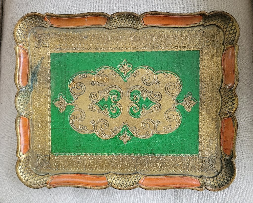 Florentijns dienblad met barokke oranje en groene accenten, Ophalen of Verzenden, Zo goed als nieuw, Dienblad, Afgeronde hoeken