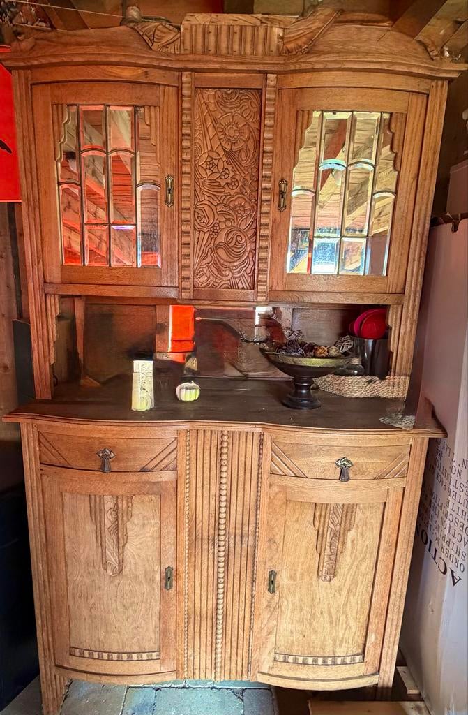 Antieke eikenhouten buffetkast met glas-in-lood, Ophalen