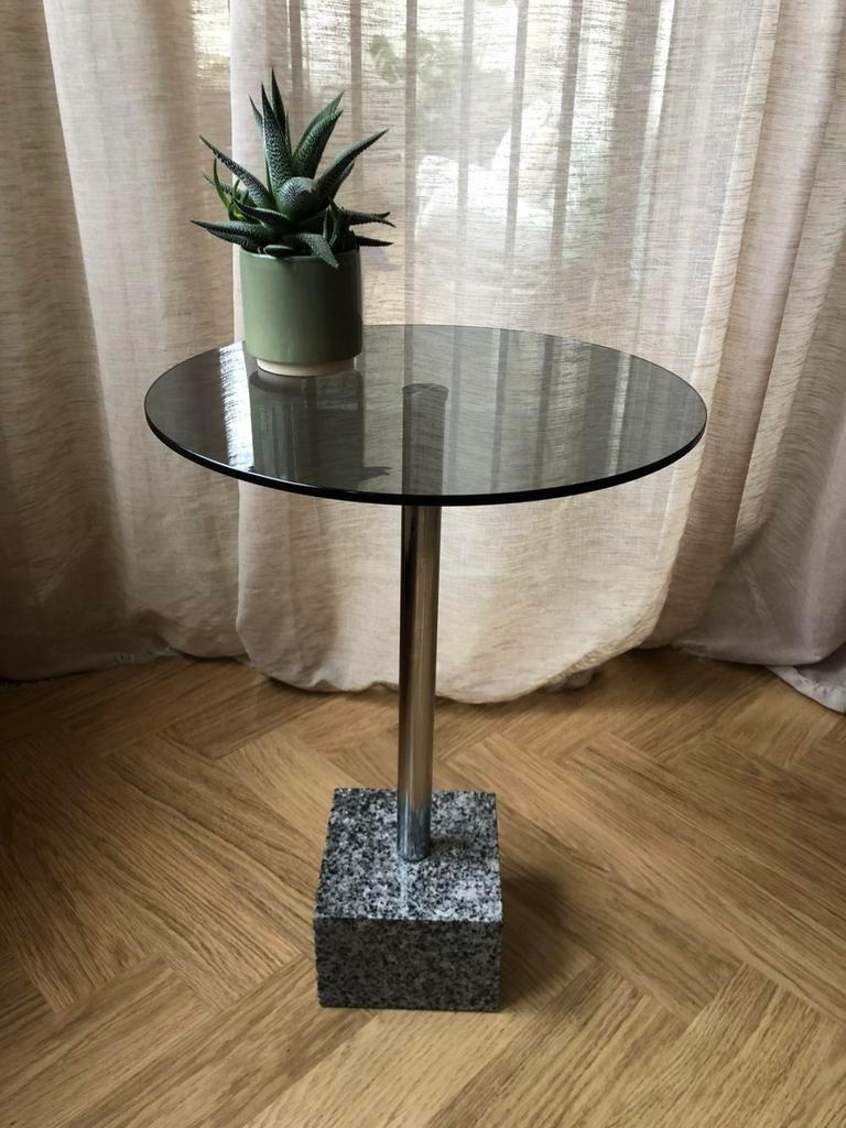 Design bijzettafel van rookglas, metaal en graniet, Minder dan 55 cm, Rond, Ophalen, 45 tot 60 cm