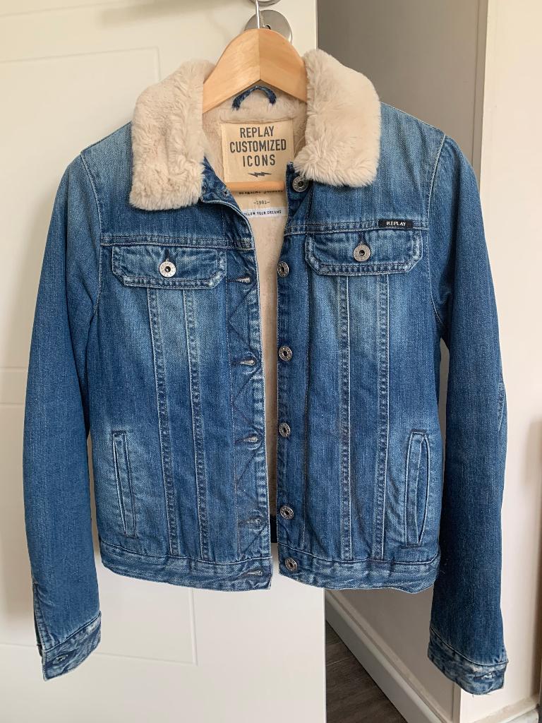 Replay spijkerjas jeans denim jas jack met kunstbont maat XS, Blauw, Nieuw, Replay, Ophalen of Verzenden