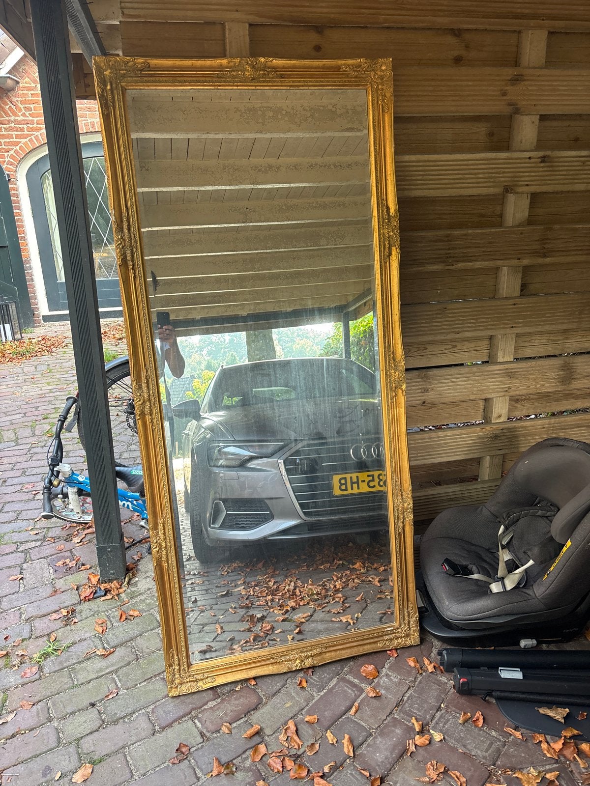 Grote spiegel met gouden barok lijst, Gebruikt, Ophalen of Verzenden, 75 tot 100 cm, 150 tot 200 cm
