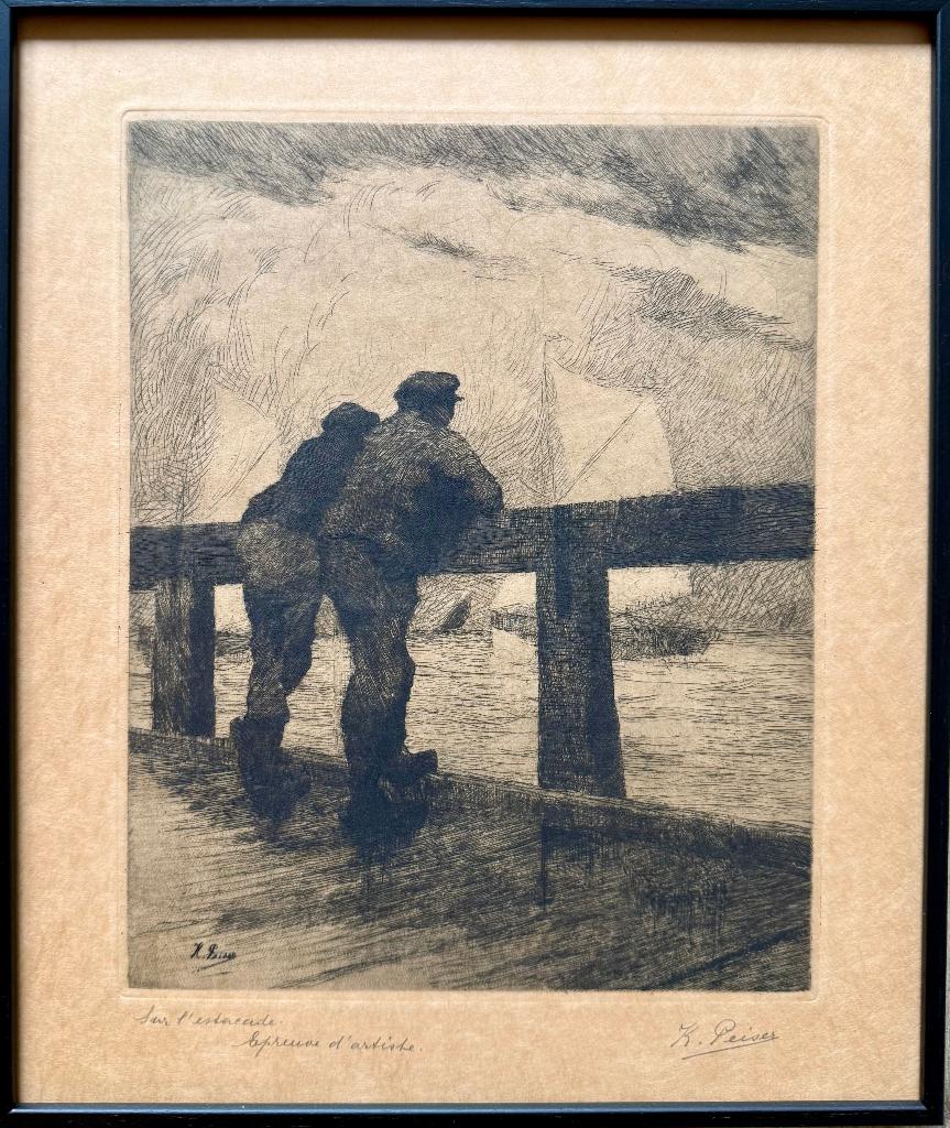 Ets van Kurt Peiser Sociaal realisme, Antiek en Kunst, Dagelijks leven, 25 cm, Ets, Met monogram