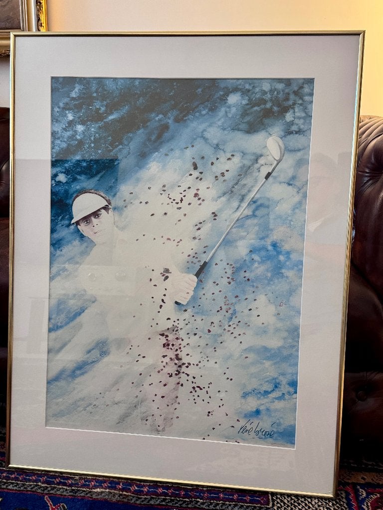 Rene Brone in lijst 65 x 85 in lijst golf golfer, Figuren, Passe-partout, Glas, Zeefdruk