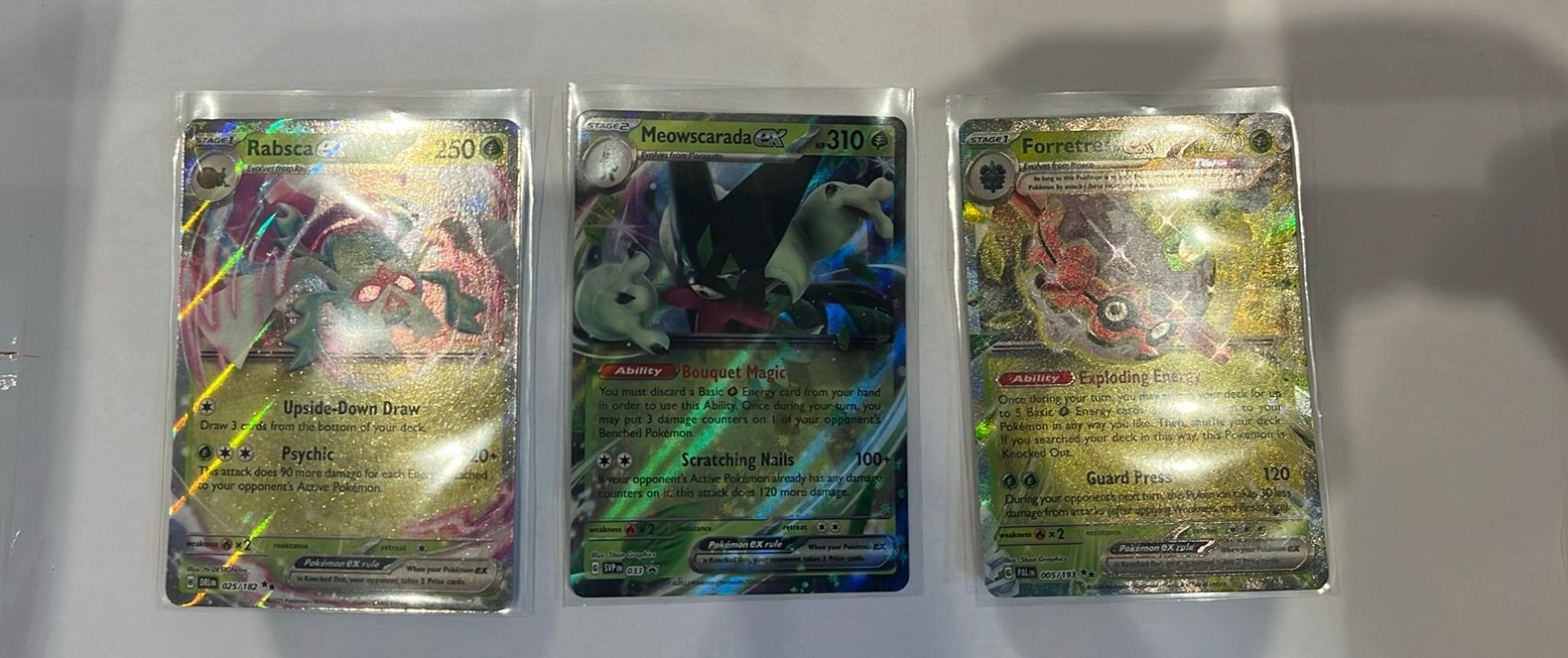 Pokémon Kaarten: Rabsca, Meowscarada, Forretress EX, Ophalen of Verzenden, Zo goed als nieuw, Meerdere kaarten, Foil