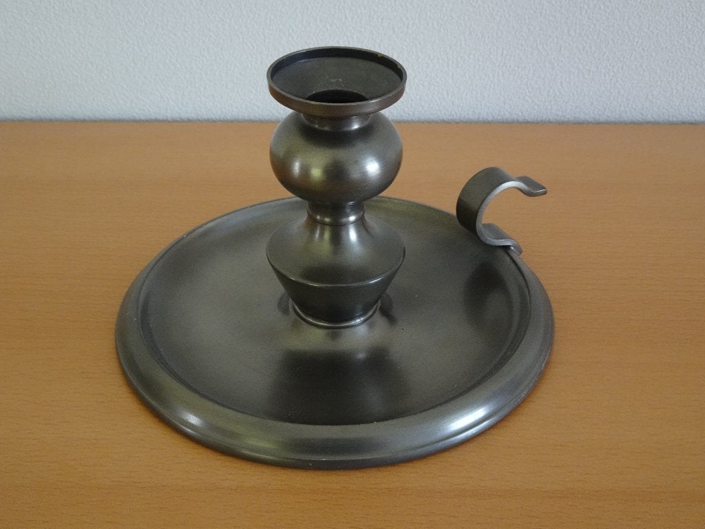 Kandelaar met handgreep tin diameter 15 cm hoogte 10 cm, Overige materialen, Gebruikt, Overige merken, Grijs
