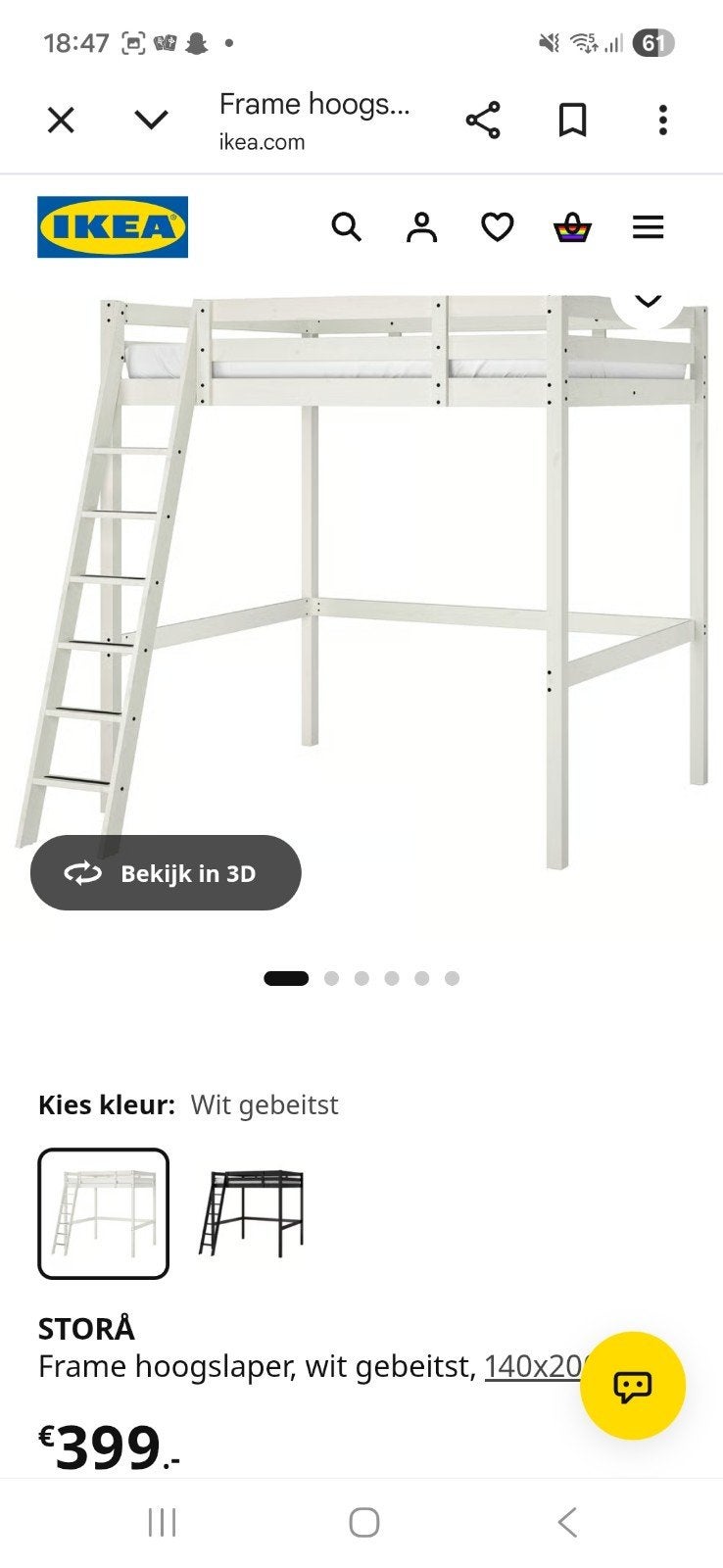 IKEA STORÅ Hoogslaper wit gebeitst 140x200 cm, Huis en Inrichting, Slaapkamer | Stapelbedden en Hoogslapers, Gebruikt, Hoogslaper