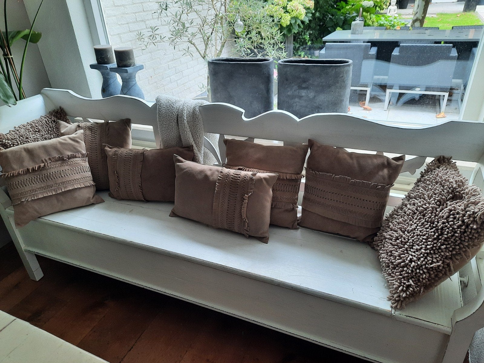 Mooie set van 6 beige sierkussens met franjes, Ophalen, Overige merken, Inclusief binnenkussen, Beige