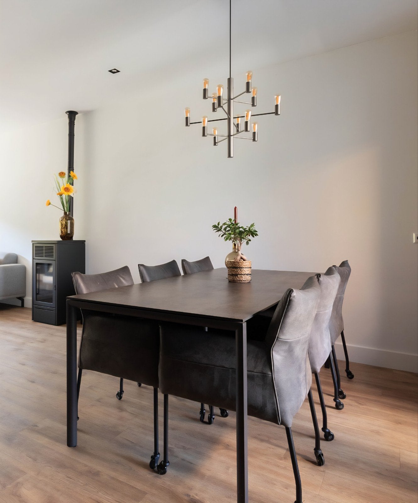 6 leren eetkamerstoelen op wielen, Huis en Inrichting, Stoelen, Ophalen, Gebruikt, Leer, Grijs