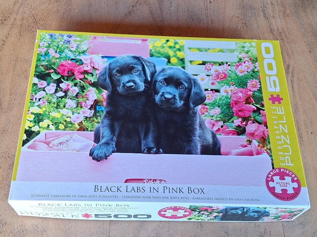 legpuzzel 500 stukjes black labs in the box, Ophalen of Verzenden, 500 t/m 1500 stukjes, Zo goed als nieuw, Legpuzzel
