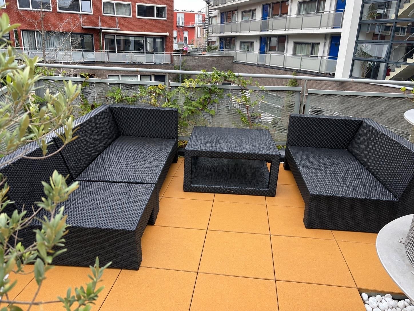 Zwarte Wicker Loungeset met Salontafel - Teack and Garden, Ophalen, 5 zitplaatsen, Zo goed als nieuw, Loungeset