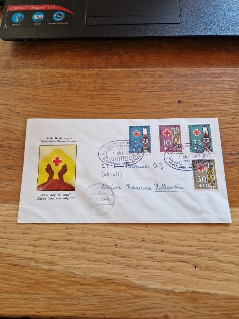 FDC Nederlands Nieuw Guinea E1 beschreven, gesloten 1958, Postzegels en Munten, Ophalen of Verzenden, Beschreven, Nederland