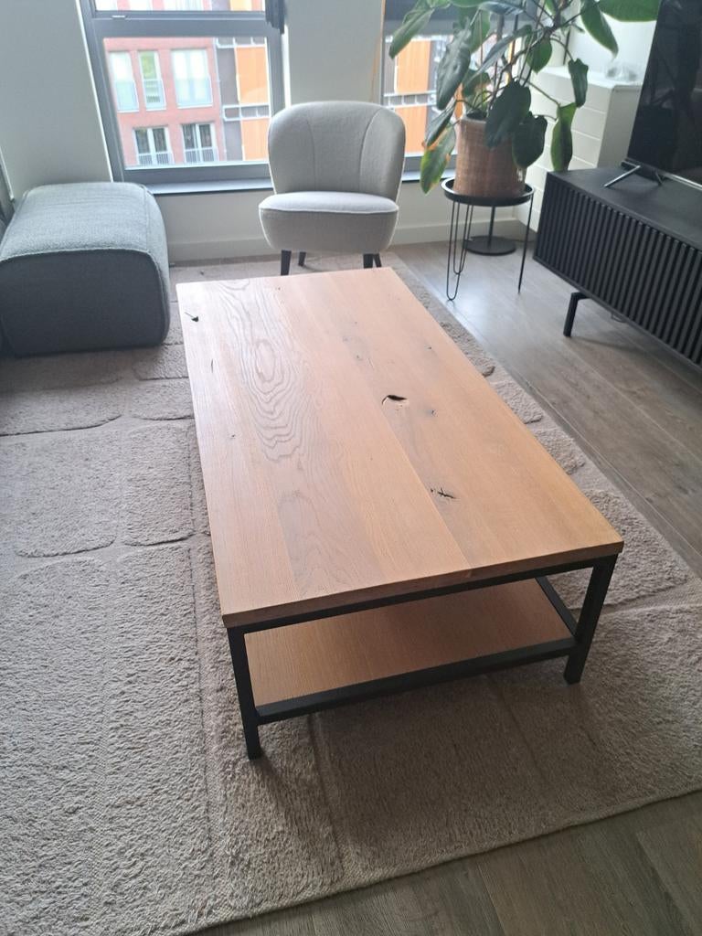 Moderne salontafel hout met zwart frame - 140x70 cm, Huis en Inrichting, Tafels | Salontafels, Overige houtsoorten, 100 tot 150 cm