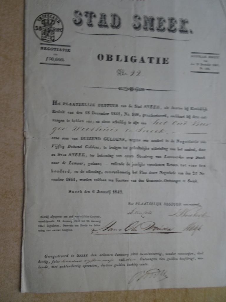 Obligatie Stad Sneek voor straatweg Leeuwwarden/Sneek/Lemmer, Ophalen of Verzenden, Voor 1920, Obligatie of Lening