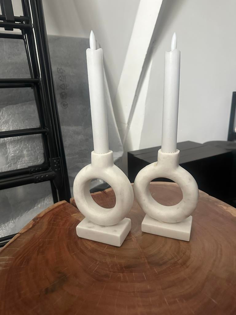 2 Witte Marmeren Waxine Kaars Houders, Huis en Inrichting, Woonaccessoires | Kandelaars en Kaarsen, Ophalen, Overige materialen