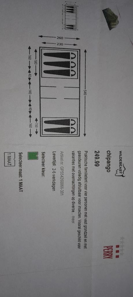 Tent,  Wildebeast Chipango groen, 4 persoons, Caravans en Kamperen, Ophalen, Gebruikt, Tot en met 4