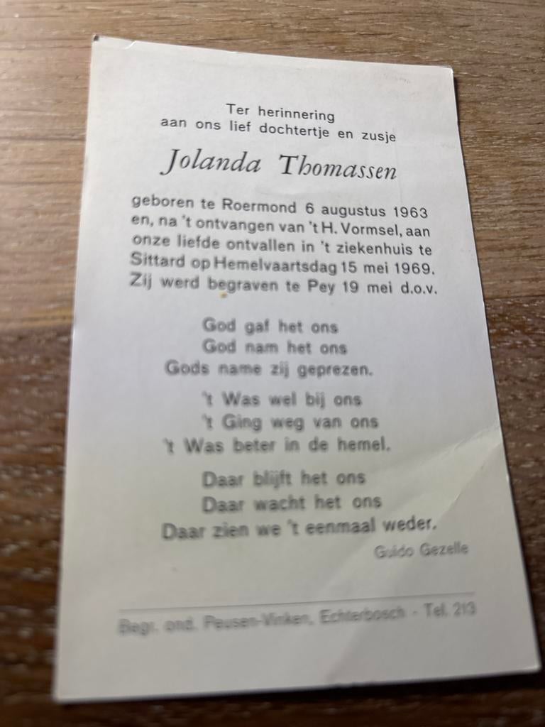 Thomassen Jolanda 1963 Roermond 1969 Sittard Pey - 28393, Verzamelen, Bidprentjes en Rouwkaarten, Bidprentje, Ophalen of Verzenden