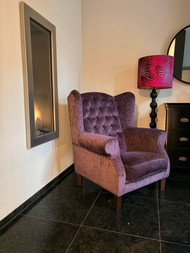 Paarse fluwelen luxe oor fauteuil hotel chic eric kuster, Ophalen, Zo goed als nieuw, Stof, 75 tot 100 cm