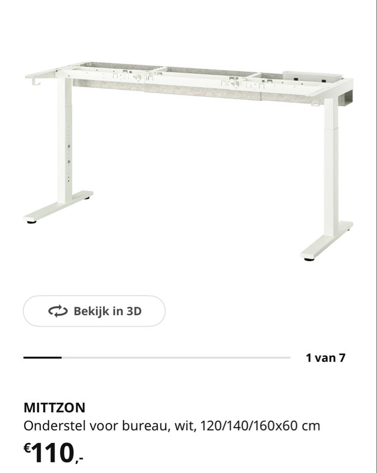 Ikea Mittzon bureaublad en onderstel, Ophalen, In hoogte verstelbaar, Zo goed als nieuw