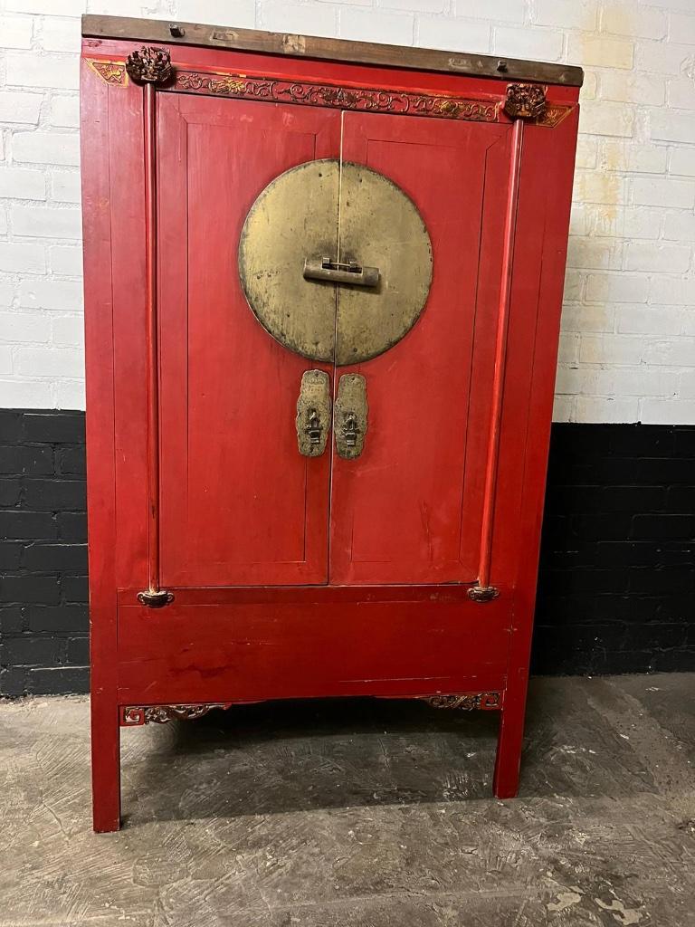 Chinese bruidskast rood oud houtsnijwerk kast chinese uniek, Huis en Inrichting, Verburgt Vintage, Gebruikt, Ophalen of Verzenden