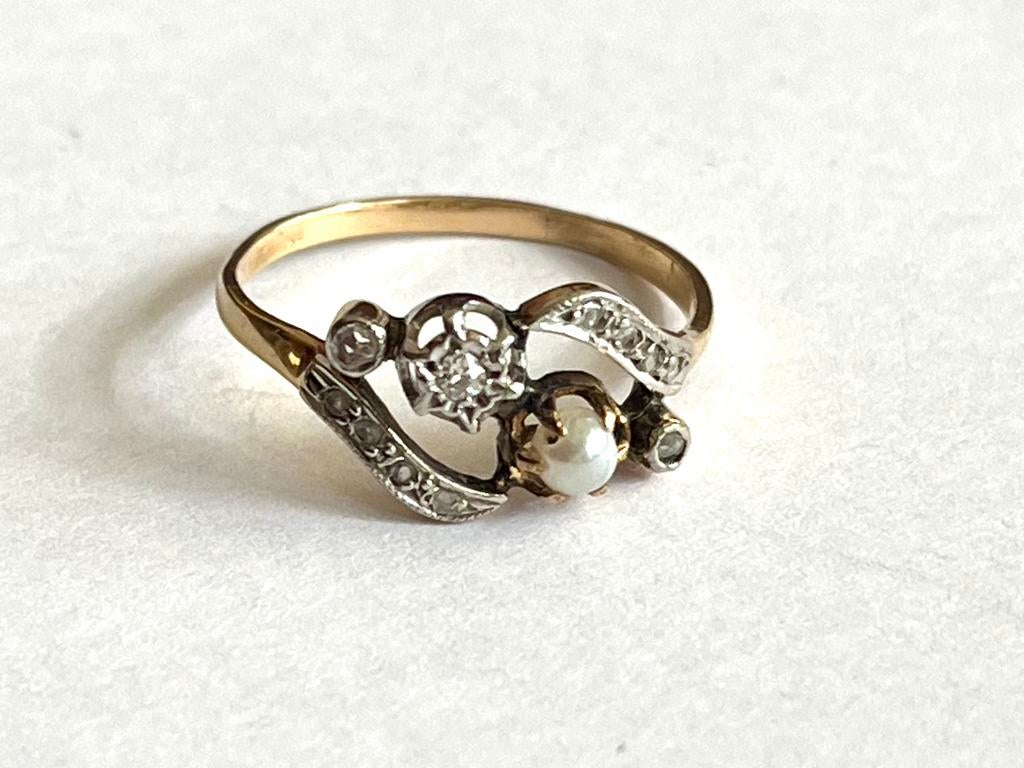 Ring antiek c 1910 goud 18kt diamant parel, Ophalen of Verzenden, Goud, Ring, Met edelsteen