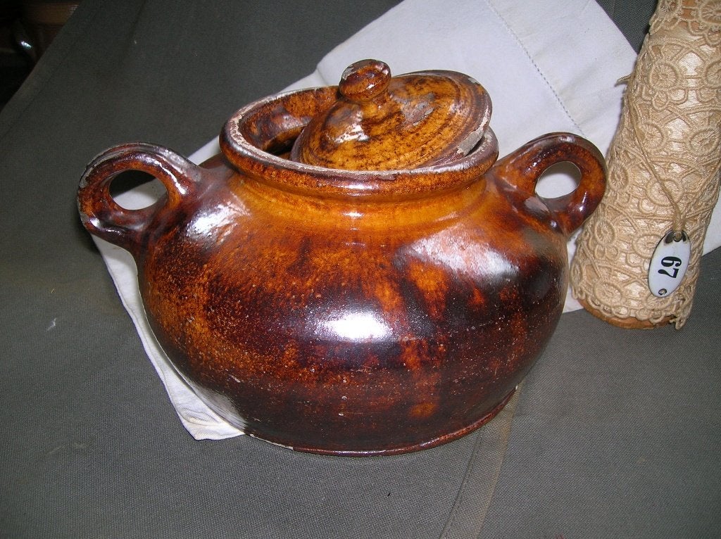 oude grespot kookpot confitpot met deksel inhoud 1,5 liter, Ophalen of Verzenden