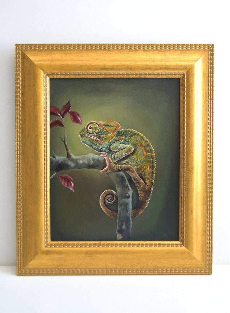 De kameleon, acrylverf op hout in een goudkleurige lijst, Ophalen of Verzenden