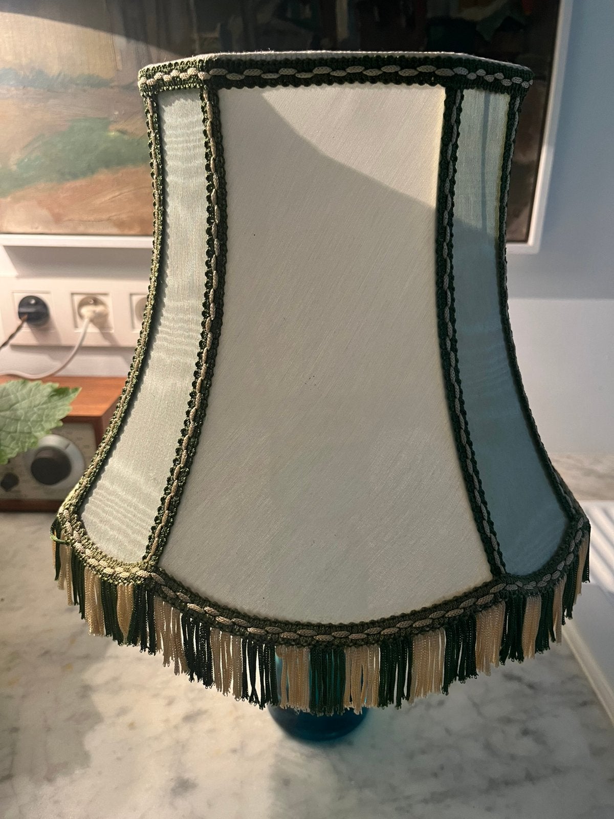 VINTAGE RETRO LAMPENKAP WIT GROEN FRANJES ORIGINEEL, Huis en Inrichting, Tafellamp, Ophalen of Verzenden, Zo goed als nieuw, Textiel