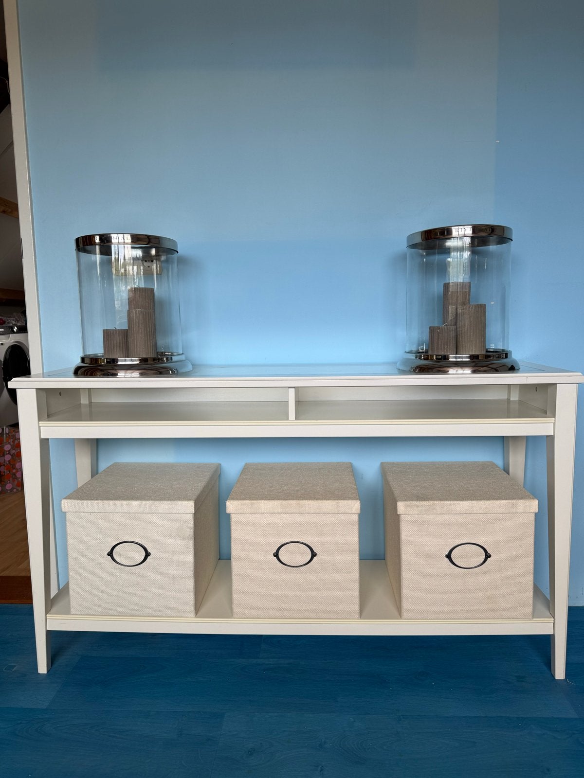 Witte dressoir met glazen blad en 3 bijpassende opbergdozen, Ophalen, Gebruikt, 75 cm of meer, 60 cm of meer