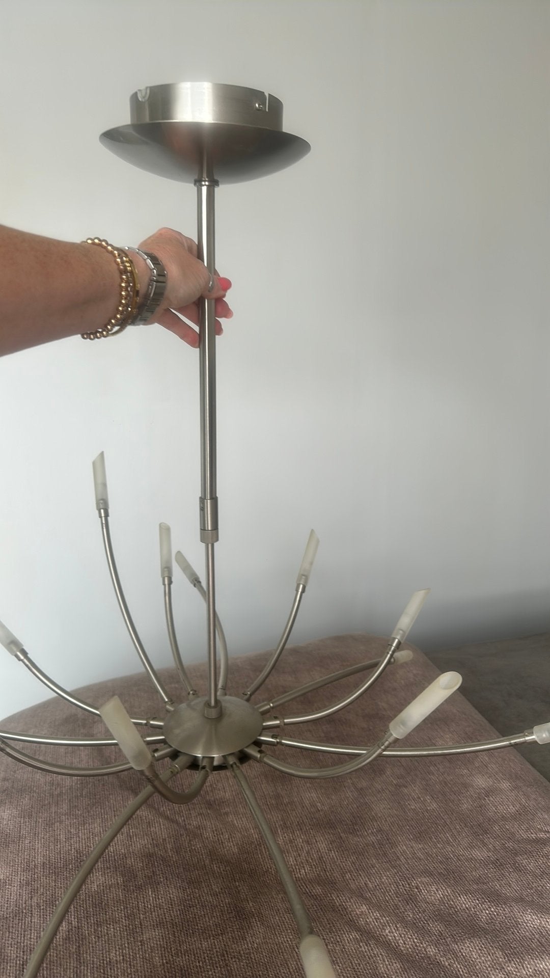 Moderne Sputnik Kroonluchter - Geborsteld Metaal, Huis en Inrichting, Lampen | Kroonluchters, Gebruikt, Metaal, Ophalen of Verzenden