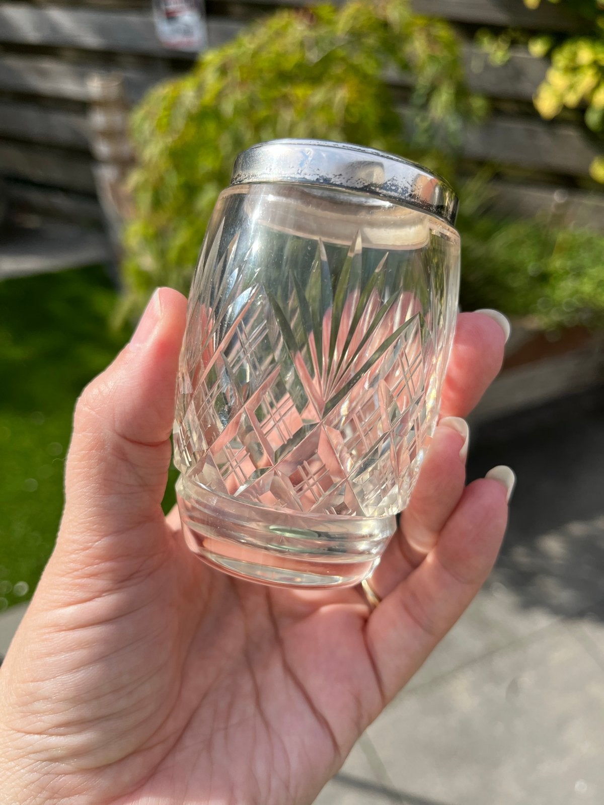Kristallen mini vaasje/potje met zilveren rand (gemerkt), Ophalen of Verzenden