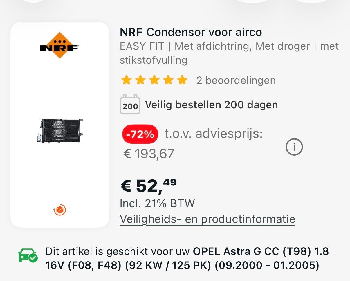 NRF Condensor voor airco Opel Astra G CC (T98) 1.8 16V, Auto-onderdelen, Airco en Verwarming, Ophalen of Verzenden, Nieuw, Opel