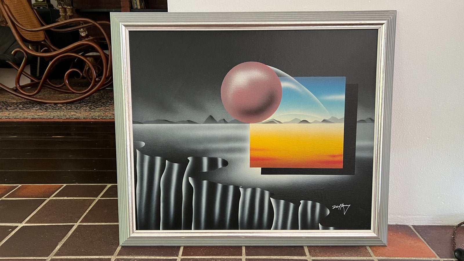 Modern schilderij met abstracte elementen en landschap, Ophalen, Abstract, Textiel, Gesigneerd