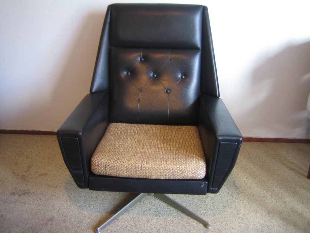 zwarte leren draaistoel vintage design fauteuils stoel 60 70, Huis en Inrichting, Fauteuils, Gebruikt, Leer, Metaal, Overige materialen