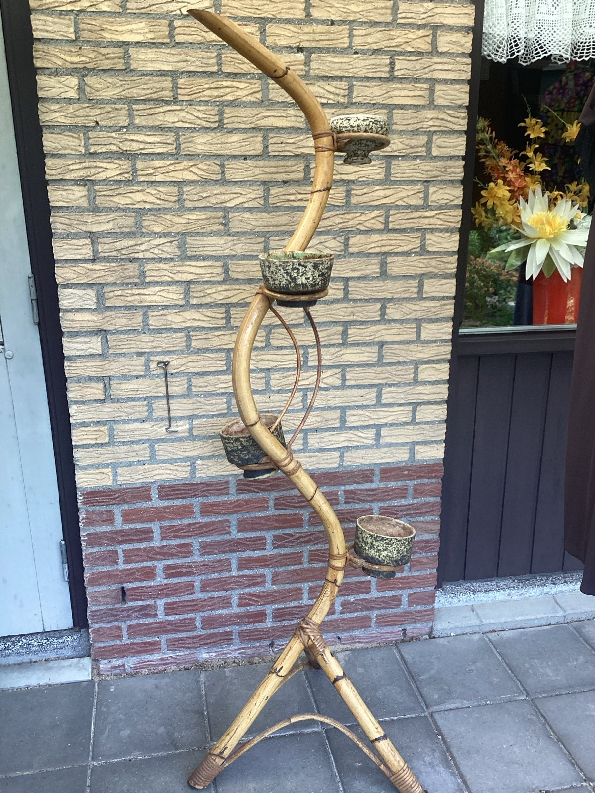 Vintage Bamboe Plantenstandaard met 4 Potten, Ophalen, Gebruikt, Minder dan 60 cm, Binnen