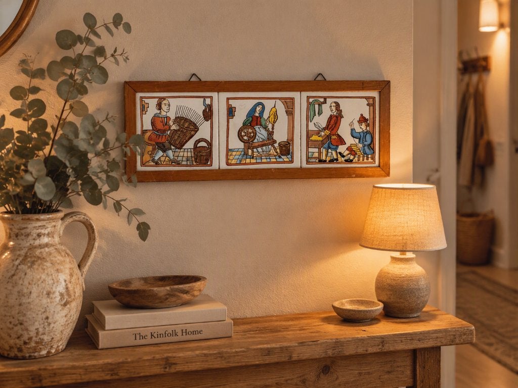 Vintage houten tegeltableau oude ambachten (42 x 16 cm), Gebruikt, Steen/keramiek, Ophalen of Verzenden, 42 cm