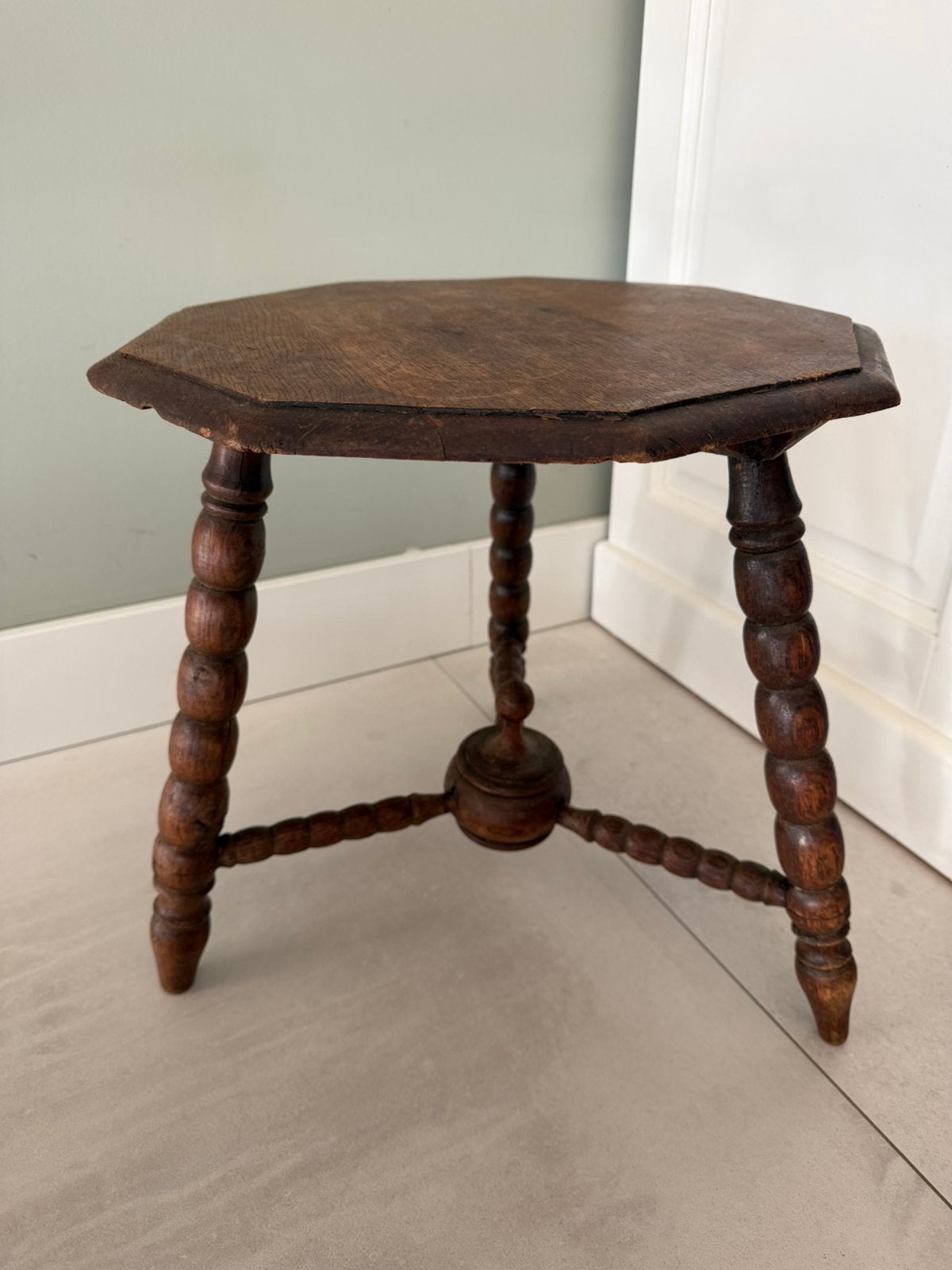 Antieke eiken bobbin side table achthoekig houten tafeltje, Ophalen of Verzenden