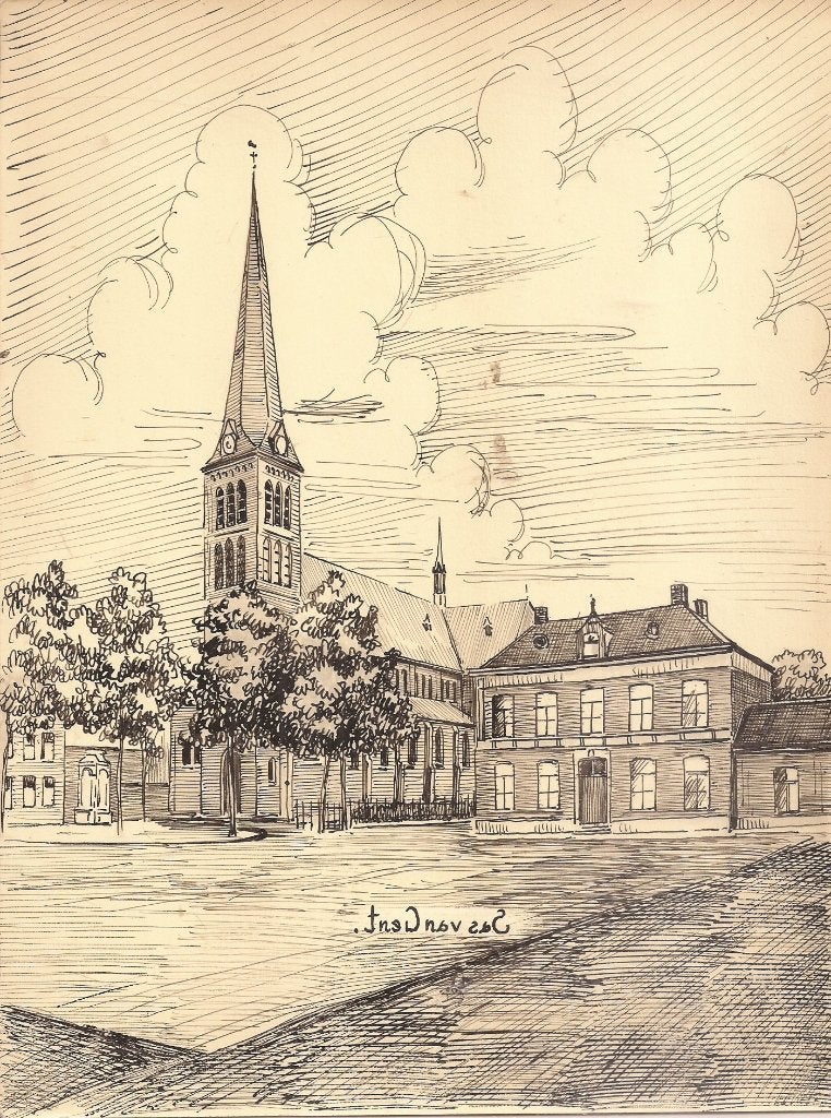 Sas van Gent Marktplein met Kerk tekening Sievers ca. 1948