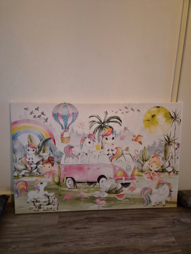 Canvas schilderij kinderkamer Unicorns 90 x 60, Ophalen, Zo goed als nieuw, Schilderij, 75 – 100