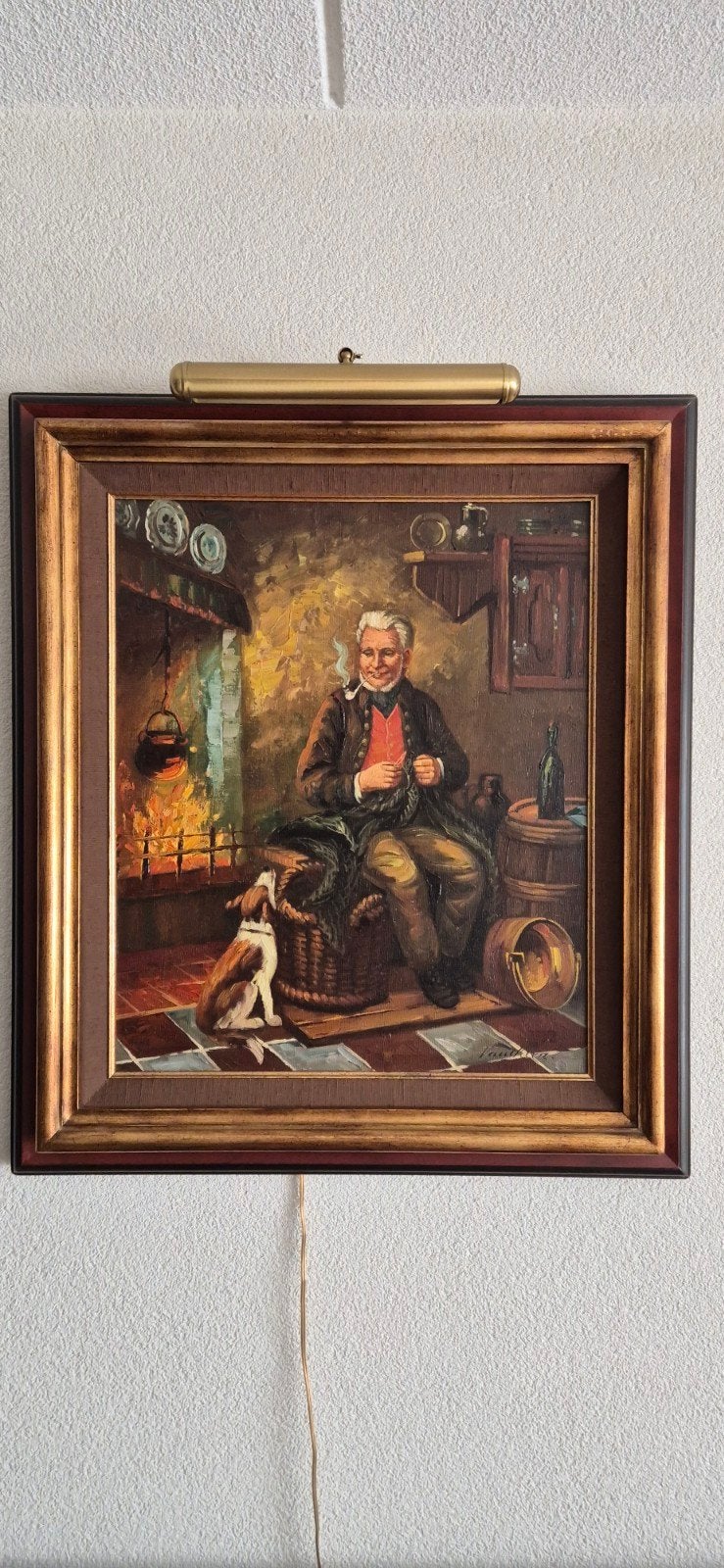 antiek schilderij: Man met hond bij open haard, Ophalen
