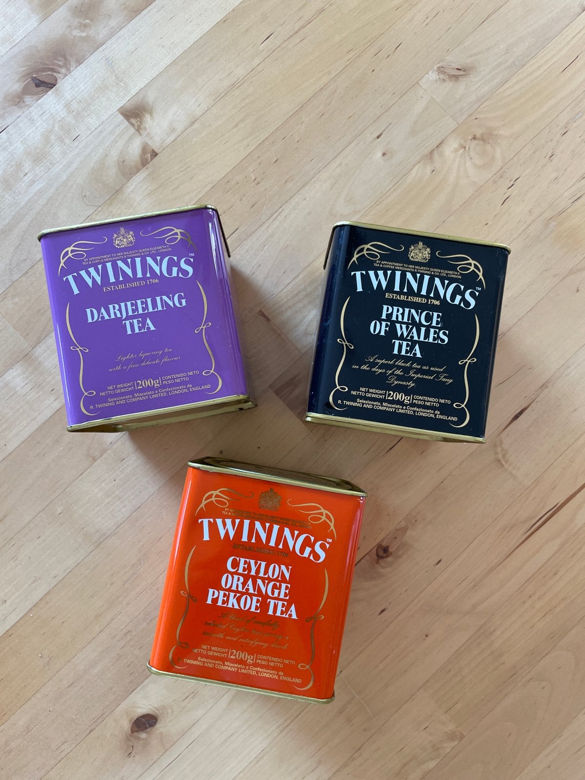 Set van 3 Twinings theeblikken - Darjeeling, Prince of Wales, Ophalen of Verzenden, Gebruikt, Thee, Overige merken