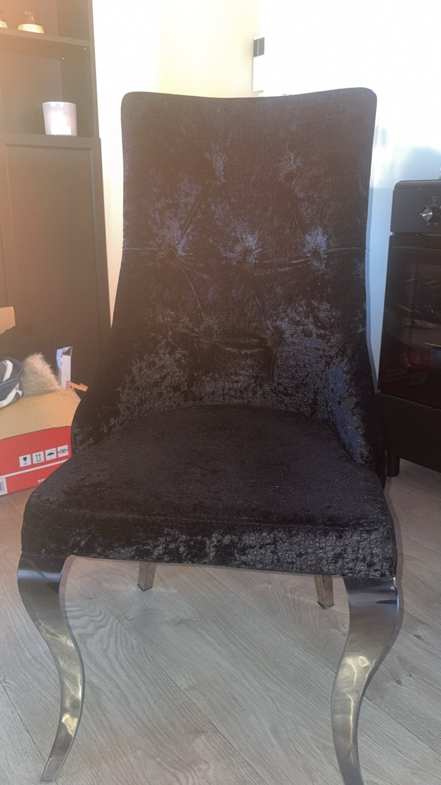 4 Croco Stoelen - Zwart Crushed Velvet met Chrome Poten, Huis en Inrichting, Stoelen, Ophalen, Gebruikt, Zwart, Vier